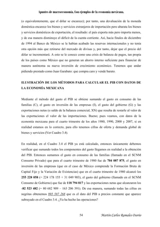Apuntes de macroeconomía. Con ejemplos de la economía mexicana.
(o equivalentemente, que el dólar se encarece); por tanto, una devaluación de la moneda
doméstica encarece los bienes y servicios extranjeros de importación pero abarata los bienes
y servicios domésticos de exportación, el resultado: el país exporta más pero importa menos,
y de esa manera disminuye el déficit de la cuenta corriente. Así, hacia finales de diciembre
de 1994 al Banco de México se le habían acabado las reservas internacionales y no tenía
otra opción más que retirarse del mercado de divisas y, por tanto, dejar que el precio del
dólar se incrementará. A esto se le conoce como una crisis de balanza de pagos, tan propia
de los países como México que no generan un ahorro interno suficiente para financiar de
manera autónoma su nueva inversión de crecimiento económico. Tenemos que andar
pidiendo prestado como Juan Garabato: que compra caro y vende barato.
ILUSTRACIÓN DE LOS MÉTODOS PARA CALCULAR EL PIB CON DATOS DE
LA ECONOMÍA MEXICANA
Mediante el método del gasto el PIB se obtiene sumando el gasto en consumo de las
familias (C), el gasto en inversión de las empresas (I), el gasto del gobierno (G) y las
exportaciones netas (o saldo de la balanza comercial, XN) que resulta de restarle al valor de
las exportaciones el valor de las importaciones. Bueno; pues veamos, con datos de la
economía mexicana para el cuarto trimestre de los años 1980, 1990, 2000 y 2007, si en
realidad estamos en lo correcto, para ello tenemos cifras de oferta y demanda global de
bienes y servicios (Ver Cuadro 3.4).
En realidad, en el Cuadro 3.4 el PIB ya está calculado, entonces únicamente debemos
verificar que sumando todos los componentes del gasto llegamos en realidad a la obtención
del PIB. Entonces sumamos el gasto en consumo de las familias (llamado en el SCNM
Consumo Privado) que para el cuarto trimestre de 1980 fue de 704 087 875, el gasto en
inversión de las empresas (que en el caso de México comprende la Formación Bruta de
Capital Fijo y la Variación de Existencias) que en el cuarto trimestre de 1980 alcanzó los
255 228 058 (= 224 178 155 + 31 049 903), el gasto del gobierno (llamado en el SCNM
Consumo de Gobierno) que fue de 118 794 817 y las exportaciones netas que alcanzaron los
-82 523 482 (= 80 682 909 – 163 206 391). De esa manera, sumando todas las cifras en
negritas obtenemos 995 587 268 que es el dato del PIB a precios constante que aparece
subrayado en el Cuadro 3.4. ¿Ya ha hecho las operaciones?
Martín Carlos Ramales Osorio54
 