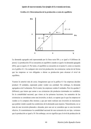 Apuntes de macroeconomía. Con ejemplos de la economía mexicana.
Gráfica 4.1: Determinación de la producción o renta de equilibrio
45o
0pIU
0fIU
DA
E
DA
8
0 8 Y
La demanda agregada está representada por la línea recta DA y es igual a 8 (billones de
pesos). La producción (Y) se encuentra en equilibrio cuando es igual a la demanda agregada
(DA), que es igual a 8. Por tanto, el equilibrio se encuentra en el punto E, como se muestra
en el gráfico 4.1. En cualquier otro nivel de producción, las existencias varían de tal forma
que las empresas se ven obligadas a alterar su producción para alcanzar el nivel de
equilibrio.
Veamos lo anterior más de cerca. Imaginemos que en la gráfica 4.1 las empresas deciden
producir 10 unidades, esperando poder vender esa cantidad. Sin embargo, la demanda
agregada es de 8 solamente. Por lo tanto, las empresas venden 8 unidades. Pero les quedan 2
(billones), que tienen que sumar a sus existencias (de productos terminados no vendidos).
En la contabilidad nacional, que vimos en las primeras lecciones, los aumentos de las
existencias se consideran como una inversión, es decir, se supone que lo que las empresa no
venden se lo compran ellas mismas y que por tanto realizan una inversión en mercancías
que podrán vender cuando las condiciones de la demanda sean mejores. Naturalmente, no se
trata de una inversión planeada o deseada, pero aun así se considera que es una inversión
efectiva. Si examináramos la contabilidad nacional de una economía de ese tipo, veríamos
que la producción es igual a 10. Sin embargo, eso no significa que el nivel de producción de
Martín Carlos Ramales Osorio66
 