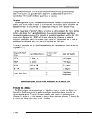 I.E.S

Administración de Archivos

Manejando cilindros se accede a los datos más rápidamente que manejando
pistas individuales, ya que el sistema operativo puede grabar o leer mayor
cantidad de información sin tener que mover la cabeza.

Cluster
Es la longitud de la pista tomada como unidad de proceso en cada operación de
lectura o de escritura en el disco, la cual equivale a la longitud de un sector en los
discos flexibles o al conjunto de 4 u 8 sectores contiguos en los discos duros.
Entre mayor sea el "cluster" más se simplifica la administración del índice de los
archivos del disco (FAT), pero también se desperdicia mas espacio cuando se
manejan archivos pequeños. Por ejemplo, si se está grabando un archivo de 1800
bytes en un disquete de 1.2 MB, el número mínimo de bytes que el sistema
operativo puede leer o escribir en este disco es de 512 (un sector), por lo cual, al
archivo se le asignan 4 sectores desperdiciándose así 264 bytes.
En la tabla se puede ver la capacidad del cluster en los diferentes tipos de discos
(bajo MS-DOS).
Capacidad del
disco

Tamaño del disco

Sectores por
cluster

Cap. del cluster

360K

5 &frac 14

2

1024 bytes

720K

3 &frac 14

2

1024 bytes

1.2M

5&frac 14

1

512 bytes

1.44M

3&frac 14

1

512 bytes

4
8

2048 bytes
4096 bytes

disco duro típico

Otros conceptos importantes referentes a los discos son:

Tiempo de acceso
Es el tiempo que transcurre desde el instante en que se envían los datos a un
dispositivo de almacenamiento y el momento en que éste entrega o recibe los
primeros caracteres. Como el microprocesador está enviando continuamente
información al disco, lo ideal es que el tiempo de acceso sea mínimo. El tiempo de
acceso típico de un disco duro es de 15 mSeg.

V.P.M.

22

 