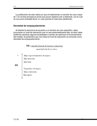 I.E.S

Administración de Archivos

La justificación de esto radica en que al implementar un tamaño de cubo mayor
de 1 en el área principal se prevé que pocos registros irán a desborde, con lo cual
se muy poco probable llenar un cubo grande en esta área (desborde).

Densidad de empaquetamiento
Al diseñar la estructura de acuerdo a un tamaño de cubo especifico, debe
procurarse un nivel de saturación que no sea extremadamente alto; es decir debe
preferirse sacrificar algunas localidades a cambio de optimizar el funcionamiento
del modelo. El parámetro que nos indica el nivel de saturación es conocido como
densidad de empaquetamiento.

V.P.M.

51

 