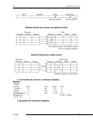 I.E.S

Administración de Archivos

Sistema relación por número de registro (Lineal).

Sistema relación por campo común

2.- Conversión de números a notación compacta.
Ejemplo:

3.-Supresión de caracteres repetidos.

V.P.M.

53

 