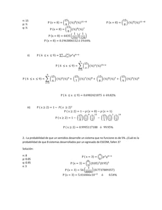 n: 15
p: ½
q: ½
ii)
iii)
2.- La probabilidad de que un semidios desarrolle un sistema que no funcione es de 5%. ¿Cuál es la
probabilidad de que 8 sistemas desarrollados por un egresado de ESCOM, fallen 3?
Solución:
n: 8
p: 0.05
q: 0.95
x: 3
 