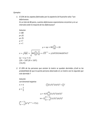 Ejemplos
1. El 25% de los zapatos fabricados por la zapatería 2el huarache veloz “son
defectuosos.
En un lote de 80 pares, cuantos defectuosos esperaríamos encontrar y en ue
intervalo están la mayoría de los defectuosos?
Solucion
n =80
p=.25
q=.75
2. El 20% de las personas que asistan la teatro se quedan dormidas ¿Cuál es las
probabilidad de que la quinta persona observada en un teatro sea la segunda que
este dormida ?
Solución
con binomial negativa
 