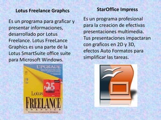 Lotus Freelance Graphcs
Es un programa para graficar y
presentar informaciones,
desarrollado por Lotus
Freelance. Lotus FreeLance
Graphics es una parte de la
Lotus SmartSuite office suite
para Microsoft Windows.
StarOffice Impress
Es un programa profesional
para la creacion de efectivas
presentaciones multimedia.
Tus presentaciones impactaran
con graficos en 2D y 3D,
efectos Auto Formatos para
simplificar las tareas.
 