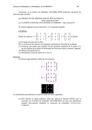 Prácticas de Matemáticas I y Matemáticas II con DERIVE-5                            110


       Asimismo, en el fichero de utilidades ALGEBRA.MTH podremos encontrar las
funciones que calculan

       (d) PRODUCTO DE KRONECKER DE DOS MATRICES:
                              “prod_kronecker(A,B)”
       (e) CLASIFICACION DE UNA MATRIZ CUADRADA “tipo_matriz(A)”

       Se ilustran algunas de estas funciones en el siguiente ejemplo.

       EJEMPLO.
                                 1 3 − 5           6 2 3            2 3
                                                                        
       Dadas las matrices A =  0 2 3 , B =  1 4 2 , C = 1 4  . Calcular:
                                5 9 1             7 6 5            3 5
                                                                        
       (a) El rango de cada una de ellas.
       (b) La inversa de las matrices no singulares utilizando la fórmula de la adjunta.
       (c) Construir una matriz que contiene las dos primeras columnas de la matriz A y
           las dos últimas de la matriz B utilizando las funciones delete_element y append.
       (d) Obtener Kronecker(A,C)
       (e) Determinar el tipo de matriz de A, B y C.

Solución:
       En primer lugar debemos editar las tres matrices




A continuación procederemos a resolver cada uno de los apartados.

       (a) Para obtener el rango podemos optar por aplicar la función RANK, que se
           encuentra en el fichero de utilidades VECTOR.MTH, en cuyo caso deberemos
           cargarlo previamente mediante la secuencia de comandos Archivo-Leer-
           Utilidades
 