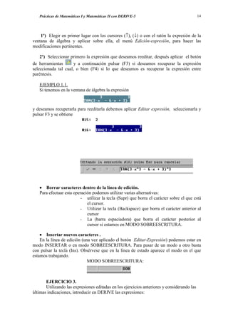 Prácticas de Matemáticas I y Matemáticas II con DERIVE-5                                  14




    1º) Elegir en primer lugar con los cursores (↑), (↓) o con el ratón la expresión de la
ventana de álgebra y aplicar sobre ella, el menú Edición-expresión, para hacer las
modificaciones pertinentes.

    2º) Seleccionar primero la expresión que deseamos reeditar, después aplicar el botón
de herramientas       y a continuación pulsar (F3) si deseamos recuperar la expresión
seleccionada tal cual, o bien (F4) si lo que deseamos es recuperar la expresión entre
paréntesis.

   EJEMPLO 1.1.
   Si tenemos en la ventana de álgebra la expresión



y deseamos recuperarla para reeditarla debemos aplicar Editar expresión, seleccionarla y
pulsar F3 y se obtiene




   • Borrar caracteres dentro de la línea de edición.
   Para efectuar esta operación podemos utilizar varias alternativas:
                         - utilizar la tecla (Supr) que borra el carácter sobre el que está
                             el cursor.
                         - Utilizar la tecla (Backspace) que borra el carácter anterior al
                             cursor
                         - La (barra espaciadora) que borra el carácter posterior al
                             cursor si estamos en MODO SOBREESCRITURA.

    • Insertar nuevos caracteres .
    En la línea de edición (una vez aplicado el botón Editar-Expresión) podemos estar en
modo INSERTAR o en modo SOBREESCRITURA. Para pasar de un modo a otro basta
con pulsar la tecla (Ins). Obsérvese que en la línea de estado aparece el modo en el que
estamos trabajando.
                              MODO SOBREESCRITURA:



       EJERCICIO 3.
       Utilizando las expresiones editadas en los ejercicios anteriores y considerando las
últimas indicaciones, introducir en DERIVE las expresiones:
 