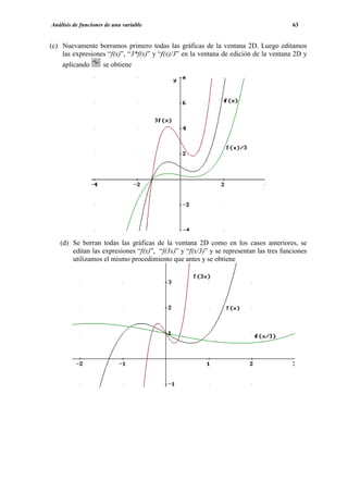 Análisis de funciones de una variable                                                 63


(c) Nuevamente borramos primero todas las gráficas de la ventana 2D. Luego editamos
    las expresiones “f(x)”, “3*f(x)” y “f(x)/3” en la ventana de edición de la ventana 2D y
    aplicando        se obtiene




   (d) Se borran todas las gráficas de la ventana 2D como en los casos anteriores, se
       editan las expresiones “f(x)”, “f(3x)” y “f(x/3)” y se representan las tres funciones
       utilizamos el mismo procedimiento que antes y se obtiene
 