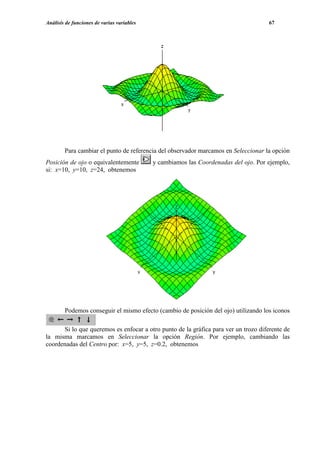 Análisis de funciones de varias variables                                            67




        Para cambiar el punto de referencia del observador marcamos en Seleccionar la opción
Posición de ojo o equivalentemente          y cambiamos las Coordenadas del ojo. Por ejemplo,
si: x=10, y=10, z=24, obtenemos




        Podemos conseguir el mismo efecto (cambio de posición del ojo) utilizando los iconos

      Si lo que queremos es enfocar a otro punto de la gráfica para ver un trozo diferente de
la misma marcamos en Seleccionar la opción Región. Por ejemplo, cambiando las
coordenadas del Centro por: x=5, y=5, z=0.2, obtenemos
 