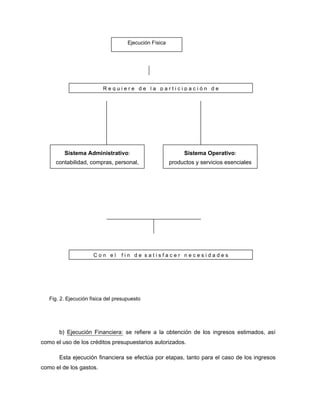 b) Ejecución Financiera: se refiere a la obtención de los ingresos estimados, así
como el uso de los créditos presupuestarios autorizados.
Esta ejecución financiera se efectúa por etapas, tanto para el caso de los ingresos
como el de los gastos.
Ejecución Física
R e q u i e r e d e l a p a r t i c i p a c i ó n d e
Sistema Administrativo:
contabilidad, compras, personal,
Sistema Operativo:
productos y servicios esenciales
C o n e l f i n d e s a t i s f a c e r n e c e s i d a d e s
Fig. 2. Ejecución física del presupuesto
 