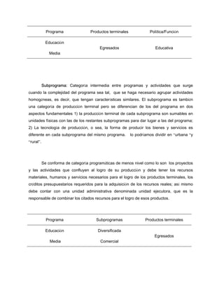 Programa Productos terminales Política/Función
Educación
Media
Egresados Educativa
Subprograma: Categoría intermedia entre programas y actividades que surge
cuando la complejidad del programa sea tal, que se haga necesario agrupar actividades
homogéneas, es decir, que tengan características similares. El subprograma es también
una categoría de producción terminal pero se diferencian de los del programa en dos
aspectos fundamentales 1) la producción terminal de cada subprograma son sumables en
unidades físicas con las de los restantes subprogramas para dar lugar a las del programa;
2) La tecnología de producción, o sea, la forma de producir los bienes y servicios es
diferente en cada subprograma del mismo programa. lo podríamos dividir en “urbana “y
“rural”.
Se conforma de categoría programáticas de menos nivel como lo son los proyectos
y las actividades que confluyen al logro de su producción y debe tener los recursos
materiales, humanos y servicios necesarios para el logro de los productos terminales, los
créditos presupuestarios requeridos para la adquisición de los recursos reales; así mismo
debe contar con una unidad administrativa denominada unidad ejecutora, que es la
responsable de combinar los citados recursos para el logro de esos productos.
Programa Subprogramas Productos terminales
Educación
Media
Diversificada
Comercial
Egresados
 