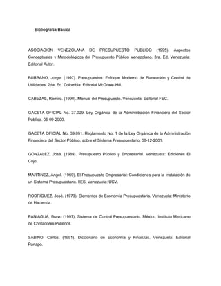 Bibliografía Básica
ASOCIACION VENEZOLANA DE PRESUPUESTO PUBLICO (1995). Aspectos
Conceptuales y Metodológicos del Presupuesto Público Venezolano. 3ra. Ed. Venezuela:
Editorial Autor.
BURBANO, Jorge. (1997). Presupuestos: Enfoque Moderno de Planeación y Control de
Utilidades. 2da. Ed. Colombia: Editorial McGraw- Hill.
CABEZAS, Ramiro. (1990). Manual del Presupuesto. Venezuela: Editorial FEC.
GACETA OFICIAL No. 37.029. Ley Orgánica de la Administración Financiera del Sector
Público. 05-09-2000.
GACETA OFICIAL No. 39.091. Reglamento No. 1 de la Ley Orgánica de la Administración
Financiera del Sector Público, sobre el Sistema Presupuestario. 08-12-2001.
GONZALEZ, José. (1989). Presupuesto Público y Empresarial. Venezuela: Ediciones El
Cojo.
MARTINEZ, Angel. (1969). El Presupuesto Empresarial: Condiciones para la Instalación de
un Sistema Presupuestario. IIES. Venezuela: UCV.
RODRIGUEZ, José. (1973). Elementos de Economía Presupuestaria. Venezuela: Ministerio
de Hacienda.
PANIAGUA, Bravo (1997). Sistema de Control Presupuestario. México: Instituto Mexicano
de Contadores Públicos.
SABINO, Carlos. (1991). Diccionario de Economía y Finanzas. Venezuela: Editorial
Panapo.
 