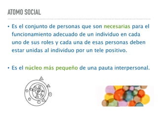 ATOMO SOCIAL
• Es el conjunto de personas que son necesarias para el
funcionamiento adecuado de un individuo en cada
uno de sus roles y cada una de esas personas deben
estar unidas al individuo por un tele positivo.
• Es el núcleo más pequeño de una pauta interpersonal.
 