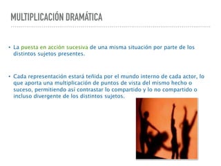 MULTIPLICACIÓN DRAMÁTICA
• La puesta en acción sucesiva de una misma situación por parte de los
distintos sujetos presentes.
• Cada representación estará teñida por el mundo interno de cada actor, lo
que aporta una multiplicación de puntos de vista del mismo hecho o
suceso, permitiendo así contrastar lo compartido y lo no compartido o
incluso divergente de los distintos sujetos.
 
