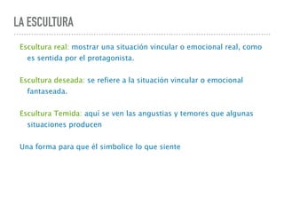 LA ESCULTURA
Escultura real: mostrar una situación vincular o emocional real, como
es sentida por el protagonista.
Escultura deseada: se refiere a la situación vincular o emocional
fantaseada.
Escultura Temida: aquí se ven las angustias y temores que algunas
situaciones producen
Una forma para que él simbolice lo que siente
 