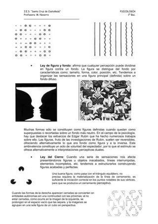 I.E.S. “Santa Cruz de Castañeda”                                                  PSICOLOGÍA
         Profesora: M. Navarro                                                                  1º Bac.
         _____________________________________




               •      Ley de figura y fondo: afirma que cualquier percepción puede dividirse
                      en figura contra un fondo. La figura se distingue del fondo por
                      características como: tamaño, forma, color, posición, etc. Tendemos a
                      organizar las sensaciones en una figura principal (definida) sobre un
                      fondo difuso.




         Muchas formas sólo se constituyen como figuras definidas cuando quedan como
         superpuestas o recortadas sobre un fondo más neutro. En el campo de la psicología,
         hay que destacar los esfuerzos de Edgar Rubin que ha hecho numerosos trabajos
         sobre ello. Las figuras, fruto de las investigaciones de Rubin, suelen ser reversibles,
         ofreciendo alternativamente lo que era fondo como figura y a la inversa. Esta
         ambivalencia constituye un acto de voluntad del espectador, por lo que el estímulo se
         ofrece alternativamente a interpretaciones perceptivas duales.

               •      Ley del Cierre: Cuando una serie de sensaciones nos afecta
                      presentándonos figuras u objetos inacabados, líneas interrumpidas,
                      elementos incompletos, etc. tendemos a estructurarlos construyendo
                      figuras acabadas y perfectas.

                                Una buena figura, como pasa con el triángulo equilátero, no
                                precisa siquiera la materialización de la línea de cerramiento, es
                                suficiente la iniciación correcta en los puntos notables de sus vértices,
                                para que se produzca un cerramiento perceptivo.


Cuando las formas de la derecha aparecen cerradas se convierten en
entidades autónomas sin una continuidad con las próximas; al no
estar cerradas, como ocurre en la imagen de la izquierda, se
prolongan en el espacio vacío que las separa, y la imágenes se
agrupan en una sola figura de un cubo en perspectiva.
                                                                                                      40
 