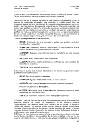 I.E.S. “Santa Cruz de Castañeda”                                          PSICOLOGÍA
Profesora: M. Navarro                                                          1º Bac.
_____________________________________

podemos decir que si la persona tiene hambre es muy posible que busque comida.
Pero al sentir alegría o sorpresa no sabemos cómo se comportará.

Las emociones son la manera mediante la cual estados motivacionales forman el
sistema de respuestas apropiadas para preservar el estado actual. Son las
emociones las que alertan a los sistemas de respuesta corporales para que entren en
acción y son los sistemas de respuesta corporal los que finalmente encuentran los
medios para gratificar el motivo. Por lo tanto, las emociones constantemente informan
del estatus de los estados motivacionales y movilizan los recursos corporales para
gratificar los motivos y facilitar la adaptación. Las emociones son patrones complejos
de los cambios corporales y mentales incluyendo despertar social, sensaciones; y
afectan los procesos cognoscitivos, y las reacciones del comportamiento
. Existen 6 categorías básicas de emociones.

   •   MIEDO: Anticipación de una amenaza o peligro que produce ansiedad,
       incertidumbre, inseguridad.

   •   SORPRESA: Sobresalto, asombro, desconcierto. Es muy transitoria. Puede
       dar una aproximación cognitiva para saber qué pasa.

   •   AVERSIÓN: Disgusto, asco, solemos alejarnos del objeto que nos produce
       aversión.

   •   IRA: Rabia, enojo, resentimiento, furia, irritabilidad.

   •   ALEGRÍA: Diversión, euforia, gratificación, contentos, da una sensación de
       bienestar, de seguridad.

   •   TRISTEZA: Pena, soledad, pesimismo.

Si tenemos en cuenta esta finalidad adaptativa de las emociones, podríamos decir
que tienen diferentes funciones:

   •   MIEDO: Tendemos hacia la protección.

   •   SORPRESA: Ayuda a orientarnos frente a la nueva situación.

   •   AVERSIÓN: Nos produce rechazo hacia aquello que tenemos delante.

   •   IRA: Nos induce hacia la destrucción.

   •   ALEGRÍA: Nos induce hacia la reproducción (deseamos reproducir aquel
       suceso que nos hace sentir bien).

   •   TRISTEZA: Nos motiva hacia una nueva reintegración personal.

El Sistema Límbico o Reticular es la base de nuestras emociones y de nuestra torre
altamente vigilante del puesto de observación. Si se mantiene activada
constantemente, una persona puede tener oscilaciones del humor, o arrebatos
rápidos del carácter. Un sistema límbico normal prevería cambios emocionales
normales, niveles normales de la energía, rutinas normales del sueño, y niveles
normales de hacer frente a la tensión. Un sistema límbico disfuncional da lugar a
problemas con esas áreas del comportamiento
El Sistema nervioso autonómo prepara el cuerpo para las respuestas emocionales
con la división simpática y parasimpática. La división simpática es la que en su
mayoría estimula las funciones vitales del cuerpo, y la parasimpática es el regulador y
                                                                                    42
 
