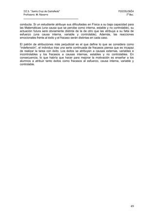 I.E.S. “Santa Cruz de Castañeda”                                         PSICOLOGÍA
  Profesora: M. Navarro                                                         1º Bac.
  _____________________________________

conducta. Si un estudiante atribuye sus dificultades en Física a su baja capacidad para
las Matemáticas (una causa que se percibe como interna, estable y no controlable), su
actuación futura será obviamente distinta de la de otro que las atribuya a su falta de
esfuerzo (una causa interna, variable y controlable). Además, las reacciones
emocionales frente al éxito y el fracaso serán distintas en cada caso.

El patrón de atribuciones más perjudicial es el que define lo que se considera como
“indefensión”, el individuo tras una serie continuada de fracasos piensa que es incapaz
de realizar la tarea con éxito. Los éxitos se atribuyen a causas externas, variables e
incontrolables y los fracasos a causas internas, estables y no controlables. En
consecuencia, lo que habría que hacer para mejorar la motivación es enseñar a los
alumnos a atribuir tanto éxitos como fracasos al esfuerzo, causa interna, variable y
controlable.




                                                                                    49
 