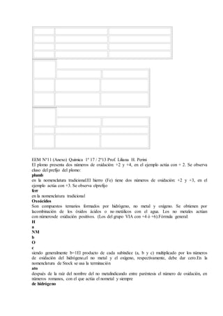 EEM Nº11 (Anexo) Química 1º 17 / 2º13 Prof. Liliana H. Perini
El plomo presenta dos números de oxidación: +2 y +4, en el ejemplo actúa con + 2. Se observa
eluso del prefijo del plomo:
plumb
en la nomenclatura tradicional.El hierro (Fe) tiene dos números de oxidación: +2 y +3, en el
ejemplo actúa con +3. Se observa elprefijo
ferr
en la nomenclatura tradicional
Oxoácidos
Son compuestos ternarios formados por hidrógeno, no metal y oxígeno. Se obtienen por
lacombinación de los óxidos ácidos o no metálicos con el agua. Los no metales actúan
con númerosde oxidación positivos. (Los del grupo VIA con +4 ó +6).Fórmula general:
H
a
NM
b
O
c
siendo generalmente b=1El producto de cada subíndice (a, b y c) multiplicado por los números
de oxidación del hidrógeno,el no metal y el oxígeno, respectivamente, debe dar cero.En la
nomenclatura de Stock se usa la terminación
ato
después de la raíz del nombre del no metalindicando entre paréntesis el número de oxidación, en
números romanos, con el que actúa el nometal y siempre
de hidrógeno
 