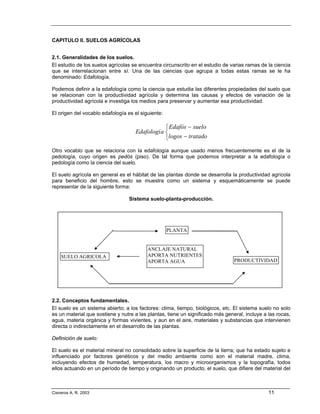 CAPITULO II. SUELOS AGRÍCOLAS


2.1. Generalidades de los suelos.
El estudio de los suelos agrícolas se encuentra circunscrito en el estudio de varias ramas de la ciencia
que se interrelacionan entre sí. Una de las ciencias que agrupa a todas estas ramas se le ha
denominado: Edafología.

Podemos definir a la edafología como la ciencia que estudia las diferentes propiedades del suelo que
se relacionan con la productividad agrícola y determina las causas y efectos de variación de la
productividad agrícola e investiga los medios para preservar y aumentar esa productividad.

El origen del vocablo edafología es el siguiente:

                                               ⎧ Edafós − suelo
                                    Edafología ⎨
                                               ⎩logos − tratado
Otro vocablo que se relaciona con la edafología aunque usado menos frecuentemente es el de la
pedología, cuyo origen es pedós (piso). De tal forma que podemos interpretar a la edafología o
pedología como la ciencia del suelo.

El suelo agrícola en general es el hábitat de las plantas donde se desarrolla la productividad agrícola
para beneficio del hombre, esto se muestra como un sistema y esquemáticamente se puede
representar de la siguiente forma:

                                  Sistema suelo-planta-producción.




                                                    PLANTA


                                          ANCLAJE NATURAL
    SUELO AGRICOLA                        APORTA NUTRIENTES
                                          APORTA AGUA                           PRODUCTIVIDAD




2.2. Conceptos fundamentales.
El suelo es un sistema abierto; a los factores: clima, tiempo, biológicos, etc. El sistema suelo no solo
es un material que sostiene y nutre a las plantas, tiene un significado más general, incluye a las rocas,
agua, materia orgánica y formas vivientes, y aun en el aire, materiales y substancias que intervienen
directa o indirectamente en el desarrollo de las plantas.

Definición de suelo:

El suelo es el material mineral no consolidado sobre la superficie de la tierra; que ha estado sujeto e
influenciado por factores genéticos y del medio ambiente como son el material madre, clima,
incluyendo efectos de humedad, temperatura, los macro y microorganismos y la topografía, todos
ellos actuando en un período de tiempo y originando un producto, el suelo, que difiere del material del



Cisneros A. R. 2003                                                                            11
 