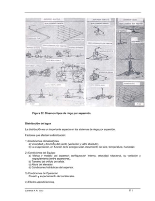 Figura 32. Diversos tipos de riego por aspersión.



Distribución del agua

La distribución es un importante aspecto en los sistemas de riego por aspersión.

Factores que afectan la distribución:

1) Condiciones climatológicas
   a) Velocidad y dirección del viento (variación y valor absoluto).
   b) La evaporación, en función de la energía solar, movimiento del aire, temperatura, humedad.

2) Condiciones del Equipo:
   a) Marca y modelo del aspersor: configuración interna, velocidad rotacional, su variación y
      espaciamiento (entre aspersores).
   b) Tamaño del orificio de salida.
   c) Altura del elevador.
   d) Condiciones hidráulicas del aspersor.

3) Condiciones de Operación
   Presión y espaciamiento de los laterales.

4) Efectos Aerodinámicos.


Cisneros A. R. 2003                                                                       111
 