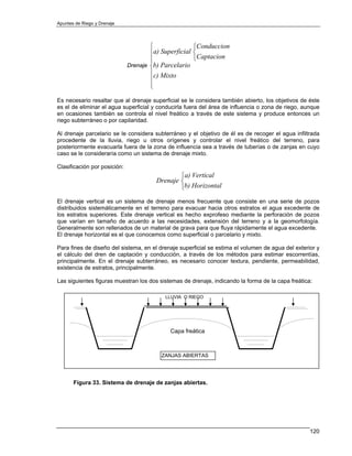 Apuntes de Riego y Drenaje




                                      ⎧                 ⎧Conduccion
                                      ⎪a) Superficial   ⎨
                                      ⎪                 ⎩Captacion
                              Drenaje ⎨b) Parcelario
                                      ⎪c) Mixto
                                      ⎪
                                      ⎩
Es necesario resaltar que al drenaje superficial se le considera también abierto, los objetivos de éste
es el de eliminar el agua superficial y conducirla fuera del área de influencia o zona de riego, aunque
en ocasiones también se controla el nivel freático a través de este sistema y produce entonces un
riego subterráneo o por capilaridad.

Al drenaje parcelario se le considera subterráneo y el objetivo de él es de recoger el agua infiltrada
procedente de la lluvia, riego u otros orígenes y controlar el nivel freático del terreno, para
posteriormente evacuarla fuera de la zona de influencia sea a través de tuberías o de zanjas en cuyo
caso se le consideraría como un sistema de drenaje mixto.

Clasificación por posición:
                                                ⎧a) Vertical
                                        Drenaje ⎨
                                                ⎩b) Horizontal
El drenaje vertical es un sistema de drenaje menos frecuente que consiste en una serie de pozos
distribuidos sistemáticamente en el terreno para evacuar hacia otros estratos el agua excedente de
los estratos superiores. Este drenaje vertical es hecho exprofeso mediante la perforación de pozos
que varían en tamaño de acuerdo a las necesidades, extensión del terreno y a la geomorfología.
Generalmente son rellenados de un material de grava para que fluya rápidamente el agua excedente.
El drenaje horizontal es el que conocemos como superficial o parcelario y mixto.

Para fines de diseño del sistema, en el drenaje superficial se estima el volumen de agua del exterior y
el cálculo del dren de captación y conducción, a través de los métodos para estimar escorrentías,
principalmente. En el drenaje subterráneo, es necesario conocer textura, pendiente, permeabilidad,
existencia de estratos, principalmente.

Las siguientes figuras muestran los dos sistemas de drenaje, indicando la forma de la capa freática:

                                           LLUVIA O RIEGO




                                             Capa freática



                                          ZANJAS ABIERTAS




       Figura 33. Sistema de drenaje de zanjas abiertas.




                                                                                                   120
 