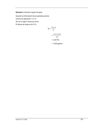 Ejemplo 4. Calcular el gasto de agua.

Suponer la información de los ejemplos previos.
Lámina de aplicación = 4.7 in
Se van a regar 5 acres por turno.
El tiempo de riego es de 10 h.
                                                  PxA
                                            Q=
                                                   T

                                                      4.7 x 5.0
                                                  =
                                                         10
                                                  = 2.35 ft3/s

                                                  = 1,035 gal/min




Cisneros A. R. 2003                                                 151
 