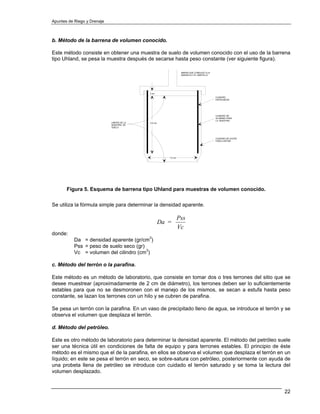 Apuntes de Riego y Drenaje



b. Método de la barrena de volumen conocido.

Este método consiste en obtener una muestra de suelo de volumen conocido con el uso de la barrena
tipo Uhland, se pesa la muestra después de secarse hasta peso constante (ver siguiente figura).

                                                                   BARRA QUE CONDUCE A LA
                                                                   MANIVELA Y EL MARTILLO.




                                             2 cm
                                                                                             CILINDRO
                                                                                             ESPACIADOR




                                                                                             CILINDRO DE
                                                                                             ALUMINIO PARA
                                                                                             LA MUESTRA.
                             LIMITES DE LA   6.0 cm
                             MUESTRA DE
                             SUELO




                                                                                             CILINDRO DE ACERO
                                                                                             PARA CORTAR.




                                                         7.5 cm




       Figura 5. Esquema de barrena tipo Uhland para muestras de volumen conocido.

Se utiliza la fórmula simple para determinar la densidad aparente.

                                                                  Pss
                                                      Da =
                                                                  Vc
donde:
           Da = densidad aparente (gr/cm3)
           Pss = peso de suelo seco (gr)
           Vc = volumen del cilindro (cm3)

c. Método del terrón o la parafina.

Este método es un método de laboratorio, que consiste en tomar dos o tres terrones del sitio que se
desee muestrear (aproximadamente de 2 cm de diámetro), los terrones deben ser lo suficientemente
estables para que no se desmoronen con el manejo de los mismos, se secan a estufa hasta peso
constante, se lazan los terrones con un hilo y se cubren de parafina.

Se pesa un terrón con la parafina. En un vaso de precipitado lleno de agua, se introduce el terrón y se
observa el volumen que desplaza el terrón.

d. Método del petróleo.

Este es otro método de laboratorio para determinar la densidad aparente. El método del petróleo suele
ser una técnica útil en condiciones de falta de equipo y para terrones estables. El principio de éste
método es el mismo que el de la parafina, en ellos se observa el volumen que desplaza el terrón en un
líquido; en este se pesa el terrón en seco, se sobre-satura con petróleo, posteriormente con ayuda de
una probeta llena de petróleo se introduce con cuidado el terrón saturado y se toma la lectura del
volumen desplazado.


                                                                                                                 22
 