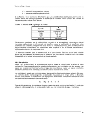 Apuntes de Riego y Drenaje



            V = velocidad del flujo efectivo (cm/hr)
            i = gradiente hidráulico (adimensional)

El coeficiente k tiene las mismas dimensiones que una velocidad. Los edafólogos suelen medirla en
cm/hr o mm/hr; los hidrólogos prefieren el empleo de las unidades cm/día o m/día. En cálculos de
drenaje se prefiere utilizar estas últimas.

Cuadro 10. Valores de K según tipo de suelos.
                                                               K
                                   CLASE
                                                            (m/día)
                                   Muy baja              menos de 0.05
                                    Baja                   0.05 - 0.3
                                    Media                  0.3 - 1.0
                                     Alta                  1.0 - 5.0
                                   Muy alta               más de 5.0

Es necesario mencionar, que la conductividad hidráulica o la permeabilidad y sus valores, tienen
numerosas aplicaciones en el proyecto de canales, presas y explotación de acuíferos; estos
parámetros son utilizados principalmente en el diseño de sistemas de drenaje, en la cuantificación del
flujo subterráneo que entra en una determinada área, proyectar la red de drenaje (espaciamiento,
profundidad y diámetro de los drenes, etc.).

Los métodos existentes para la determinación de la conductividad hidráulica es un tema bastante
amplio, de hecho existen largos estudios en esta área. En este capítulo no se abordará con detalle
ésta variable sino hasta el correspondiente al drenaje agrícola.



2.6.9. Percolación.
Según Ortiz y Ortiz (1988), al movimiento del agua a través de una columna de suelo se llama
percolación. Ellos mencionan que los estudios de percolación son importantes por dos razones. Las
aguas que percolan son la única fuente del agua de manantiales y pozos. Las aguas percolantes
arrastran nutrientes de las plantas que se sitúan fuera del alcance de las raíces.

Las pérdidas por lavado son proporcionales a las cantidades de agua que pasan a través del suelo.
Los nutrientes de las plantas se pierden en cantidades mayores cuando ningún cultivo en desarrollo
absorbe los nutrientes. Se ha estimado que la proporción relativa de la pérdida de nutrientes del suelo
por efecto del lavado se da en el siguiente orden:

                                     Ca → Mg → S → K → N → P

Esta pérdida se efectúa sin considerar el uso y manejo que se le proporcione al suelo. Es obvio que
utilizando prácticas agrícolas de conservación, habrá una mayor retención de agua y nutrientes.




                                                                                                    36
 