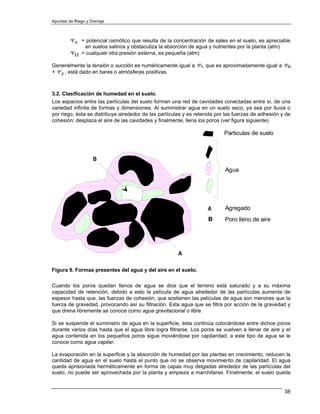Apuntes de Riego y Drenaje



         Ψπ = potencial osmótico que resulta de la concentración de sales en el suelo, es apreciable
             en suelos salinos y obstaculiza la absorción de agua y nutrientes por la planta (atm)
         ΨΩ = cualquier otra presión externa, es pequeña (atm)

Generalmente la tensión o succión es numéricamente igual a ΨT, que es aproximadamente igual a ΨM
+ Ψπ , está dado en bares o atmósferas positivas.



3.2. Clasificación de humedad en el suelo.
Los espacios entre las partículas del suelo forman una red de cavidades conectadas entre sí, de una
variedad infinita de formas y dimensiones. Al suministrar agua en un suelo seco, ya sea por lluvia o
por riego, ésta se distribuye alrededor de las partículas y es retenida por las fuerzas de adhesión y de
cohesión; desplaza el aire de las cavidades y finalmente, llena los poros (ver figura siguiente).

                                                                           Particulas de suelo



                    B
                                                                           Agua




                                                                    A      Agregado
                                                                    B      Poro lleno de aire




                                                       A

Figura 9. Formas presentes del agua y del aire en el suelo.

Cuando los poros quedan llenos de agua se dice que el terreno está saturado y a su máxima
capacidad de retención, debido a esto la película de agua alrededor de las partículas aumenta de
espesor hasta que, las fuerzas de cohesión, que sostienen las películas de agua son menores que la
fuerza de gravedad, provocando así su filtración. Esta agua que se filtra por acción de la gravedad y
que drena libremente se conoce como agua gravitacional o libre.

Si se suspende el suministro de agua en la superficie, ésta continúa colocándose entre dichos poros
durante varios días hasta que el agua libre logra filtrarse. Los poros se vuelven a llenar de aire y el
agua contenida en los pequeños poros sigue moviéndose por capilaridad, a este tipo de agua se le
conoce como agua capilar.

La evaporación en la superficie y la absorción de humedad por las plantas en crecimiento, reducen la
cantidad de agua en el suelo hasta el punto que no se observa movimiento de capilaridad. El agua
queda aprisionada herméticamente en forma de capas muy delgadas alrededor de las partículas del
suelo; no puede ser aprovechada por la planta y empieza a marchitarse. Finalmente, el suelo queda


                                                                                                     38
 
