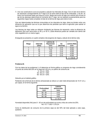 7.- Una vez construida la curva se procede a calcular los intervalos de riego. Con el valor de la lámina
    de reposición correspondiente al 2º riego (Lrt) se entra sobre el eje de las ordenadas, y de ahí, se
    traza una horizontal hasta que toque la curva, desde ese punto se baja una vertical que al tocar al
    eje de las abscisas determinará el momento del 2º riego, así se realizará sucesivamente para los
    siguientes riegos hasta completar el total de la lámina de riego para todo el ciclo.

Una vez determinadas las láminas consumidas en los intervalos de riego, éstos se dividen entre una
eficiencia de aplicación que es la que determina las pérdidas que tiene el agricultor para aplicar el
agua a su terreno.

Las láminas de riego netas se obtienen dividiendo las láminas de reposición, entre la eficiencia de
aplicación (Ea) que varía entre un 85 y un 55 %. (Esta eficiencia puede ser variable aún dentro del
ciclo vegetativo en un mismo lugar).


Enseguida se presenta un cuadro sinóptico del programa de riegos y cálculo de la lámina neta.

                                              Lámina de
                      Riego   Intervalo       Reposición          Ea         Lámina Neta
                                (días)           (cm)          (decimal)        (cm)
                        1          0             12.15            0.75           16.20
                        2         52              7.92            0.75           10.56
                        3         18              7.92            0.75           10.56
                        4         13              7.92            0.75           10.56
                        5         14              7.92            0.75           10.56
                                                                               Σ = 58.44


Problema III.

Con los datos de los problemas I y II determine en forma gráfica un programa de riego considerando
un punto de control del 20% en la capa de 0-30 cm y un patrón de consumo de:
                                 0 - 30 cm = 50%
                               30 - 60 cm = 30%
                               60 - 90 cm = 20%

Solución por el método gráfico.
Partiendo de la fórmula de la lámina almacenada se obtuvo un valor total almacenado de 14.31 cm y
por capas, en la forma siguiente:

                                                           Lámina
                                    Profundidad          almacenada
                                        (cm)                (cm)
                                       00 - 30               4.70
                                       30 - 60               5.59
                                       60 - 90               4.02
                                                           Σ= 14.31

Humedad disponible (Hd) para 0 - 30 cm de profundidad con punto crítico de control de 20%.
                                     Hd = 4.7 * 0.80 = 3.76 cm

Como la distribución de consumo de la primera capa es del 50% del total aplicado a esta capa,
quedaría:


Cisneros A. R. 2003                                                                           69
 