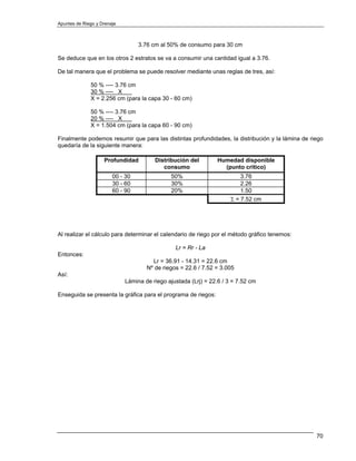 Apuntes de Riego y Drenaje



                                  3.76 cm al 50% de consumo para 30 cm

Se deduce que en los otros 2 estratos se va a consumir una cantidad igual a 3.76.

De tal manera que el problema se puede resolver mediante unas reglas de tres, así:

              50 % ---- 3.76 cm
              30 % ---- X
              X = 2.256 cm (para la capa 30 - 60 cm)

              50 % ---- 3.76 cm
              20 % ---- X
              X = 1.504 cm (para la capa 60 - 90 cm)

Finalmente podemos resumir que para las distintas profundidades, la distribución y la lámina de riego
quedaría de la siguiente manera:

                    Profundidad         Distribución del         Humedad disponible
                                           consumo                 (punto critico)
                        00 - 30               50%                         3.76
                        30 - 60               30%                         2.26
                        60 - 90               20%                         1.50
                                                                      Σ = 7.52 cm




Al realizar el cálculo para determinar el calendario de riego por el método gráfico tenemos:

                                                Lr = Rr - La
Entonces:
                                       Lr = 36.91 - 14.31 = 22.6 cm
                                     Nº de riegos = 22.6 / 7.52 = 3.005
Así:
                             Lámina de riego ajustada (Lrj) = 22.6 / 3 = 7.52 cm

Enseguida se presenta la gráfica para el programa de riegos:




                                                                                                  70
 