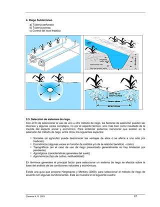 4. Riego Subterráneo
   a) Tubería perforada
   b) Tubería porosa
   c) Control del nivel freático




5.3. Selección de sistemas de riego.
Con el fin de seleccionar el uso de uno u otro método de riego, los factores de selección pueden ser
diversos y algunas veces complejos, no por el aspecto técnico, sino más bien como resultado de la
mezcla del aspecto social y económico. Para sintetizar podemos mencionar que existen en la
selección del método de riego, entre otros, los siguientes aspectos:

       Sociales (el agricultor puede desconocer las ventajas de ellos o se aferra a uno sólo por
       tradición)
       Económicos (algunas veces en función de créditos y/o de la relación beneficio - costo)
       Topográficos (en el caso de uso de riego presurizado generalmente no hay limitación por
       pendiente)
       Agrológicos (características generales del suelo)
       Agronómicos (tipo de cultivo, redituabilidad)

En términos generales el principal factor para seleccionar un sistema de riego se efectúa sobre la
base del análisis de las condiciones naturales y económicas.

Existe una guía que propone Hargreaves y Merkley (2000), para seleccionar el método de riego de
acuerdo con algunas condicionantes. Esta se muestra en el siguiente cuadro:




Cisneros A. R. 2003                                                                       81
 