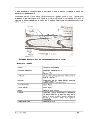 El agua sobrante en un riego si este es de auxilio, el agua, al llenarse una franja se deriva a la
siguiente y así sucesivamente.

Este método requiere un buen trabajo previo de nivelación y grandes gastos de agua. La construcción
es sencilla ya que directamente en el campo se va trazando con nivel montado y este de la curva de
nivel que va siendo marcada por un tractor con un bordero. Este método es muy utilizado para regar
cultivo de arroz.




       Figura 21. Método de riego por bordos que siguen curvas a nivel.

   Adaptación y diseño:

    Suelos:                             De textura media a fina.
    Pendiente del terreno:              Preferibles menor del 0.5 %
                                        Máximo 1 %.
    Anchuras:                           Las que dan una equidistancia entre curvas de
                                        nivel de 4 a 6 cm.
    Longitud:                           Procurando que las franjas tengan superficie
                                        de 2000 a 8000 m2 como máximo.
    Altura de bordos:                   20 cm (8 pul)
    Tirante máximo:                     15 cm (6 pul)
    Gasto:                              34 lps/ha como mínimo.
    Cultivos:                           Deben ser capaces de resistir 12 o más horas
                                        de permanencia en el agua sin sufrir daño,
                                        como el arroz, cereales, pastos, cultivos de
                                        escarda y de cobertura total y para riegos de
                                        presiembra.
    Eficiencia del riego:               Hasta de un 80%




Cisneros A. R. 2003                                                                      87
 