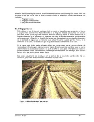 Entre los métodos de riego superficial, se encuentran también los llamados riego por líneas, estos son
aquellos en los que no se riega el terreno inundando toda la superficie, existen básicamente tres
métodos:
       1.- Riego por surcos.
       2.- Riego por corrugaciones.
       3.- Riego en camas meloneras.



5.6.4. Riego por surcos
   Este método es uno de los más usados en todo el mundo en los cultivos que se plantan en hileras
   y se presentan también muy frecuentemente en el riego de frutales. Los surcos son canales
   pequeños en los que el agua se infiltra en dirección vertical y lateral, al mismo tiempo que se
   mueven el sentido de la pendiente. La superficie del suelo no se moja totalmente sino solamente
   se humedece por infiltración. La duración del tiempo que el agua deba correr entre ellos dependerá
   de la cantidad de agua que se necesite para saturar la zona ocupada por las raíces, de la
   infiltración en el suelo y la rapidez con que el agua se desplace lateralmente en el suelo.

   En la mayor parte de los suelos, el gasto deberá ser mucho mayor que el correspondiente a la
   velocidad de infiltración, para lograr un avance rápido. En consecuencia, cuando el agua se acerca
   al extremo de los surcos debe ajustarse el gasto o cortar el agua, para evitar pérdidas excesivas
   por escurrimiento o bien tomar medidas para recuperar el excedente. Sin embargo, en la práctica
   es muy difícil que el agricultor lo lleve a efecto.

   Los surcos usualmente se construyen en el sentido de la pendiente cuando estas no son
   excesivas, para evitar desbordamientos laterales al final del surco.




       Figura 25. Método de riego por surcos.




Cisneros A. R. 2003                                                                         97
 