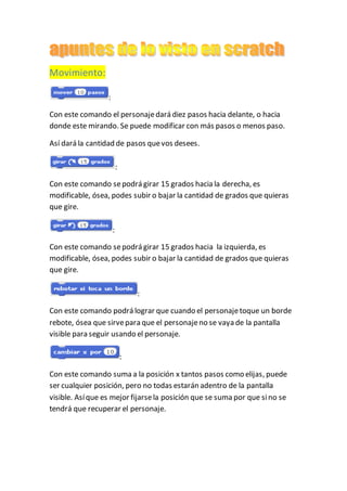 Movimiento:
:
Con este comando el personajedará diez pasos hacia delante, o hacia
donde este mirando. Se puede modificar con más pasos o menos paso.
Así dará la cantidad de pasos quevos desees.
:
Con este comando sepodrá girar 15 grados hacia la derecha, es
modificable, ósea, podes subir o bajar la cantidad de grados que quieras
que gire.
:
Con este comando sepodrá girar 15 grados hacia la izquierda, es
modificable, ósea, podes subir o bajar la cantidad de grados que quieras
que gire.
:
Con este comando podrá lograr que cuando el personajetoque un borde
rebote, ósea que sirvepara que el personajeno se vaya de la pantalla
visible para seguir usando el personaje.
:
Con este comando suma a la posición x tantos pasos como elijas, puede
ser cualquier posición, pero no todas estarán adentro de la pantalla
visible. Asíque es mejor fijarsela posición que se suma por que sino se
tendrá que recuperar el personaje.
 