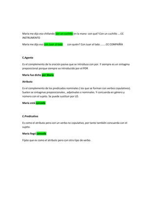 María me dijo eso chillando con un cuchillo en la mano con qué? Con un cuchillo ….CC
INSTRUMENTO
María me dijo eso con Juan al lado

con quién? Con Juan al lado ……..CC COMPAÑÍA

C.Agente
Es el complemento de la oración pasiva que se introduce con por. Y siempre es un sintagma
preposicional porque siempre va introducido por el POR
María fue dicho por María
Atributo
Es el complemento de los predicados nominales ( los que se forman con verbos copulativos).
Suelen se sintagmas preposicionales , adjetivales o nominales. Y concuerda en género y
número con el sujeto. Se puede sustituir por LO.
María está cansada

C.Predicativo
Es como el atributo pero con un verbo no copulativo, por tanto también concuerda con el
sujeto.
María llegó cansada
Fíjate que es como el atributo pero con otro tipo de verbo.

 