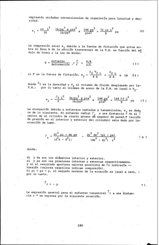 empleando unidades convencionales de ingeniería para longitud y den-
sidad.
~2
2E
lb/pg3 x pie2
lb/pg2 X
~2
pie2
~2
E pg (2)
La compresión axial e 2 debida a la fuerza de flotación que actua so-
bre el área A de la sección transversal de la T.R. es función del mó
dulo de Young y la ley ·de Hooke:
E esfuerzo [_ F/A
( 3 )defo:r::mación E: e/L
si F es la fuerza de flotación,
Pf vf L pf L
LA t 4 )e2 E A E A
X
donde pf es la densidad y vf el volumen de fluido desplazado por la-
T.R.; por lo tanto el volumen de acero de la T.R. es igual a vf"
pf L2 3 2
144 2 144 Pf L2lb/pg X pie
e2 X
~ = pg ( 5 )E lb/pg2 E
La elé:mgación debida a esfuerzos radiales y tangenciales, .e3 se dedu
ce de lo siguiente. El esfuerzo radial f a una distancia r ne el -
centro de un cilindro de cierto grosor d~ espesor de pared,• (acción
de presión en el interior y exterior del cilindro) esta dado por la-
ecuación de Lame.
rr
di 2 pi -de pe
(d2e - d 2i)
di 2 de 2 (pi -pe)
(de2 - di 2) r 2
( 6 )
donde:
di y de son los diámetros interior y exterior.
pi y pe son las presiones internas y externas respectivamente.
y si el resultado aportara valores positivos de rr indicaría
tensión (valores negativos indican compresión).
Si pi = pe = p, el segundo termino de la ecuación es igual a cero, -
por lo tanto.
rr = - p
La expresión general para el esfuerzo tangencial ft a una distan-
cia r * se expresa por la siguiente ecuación.
186
7 )
 