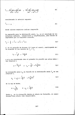 .di2 pi - de:ipe
(,?e - d 2i)
+
di2 de2 (pi -pe)
(de2 - di2Í r 2
considerando lo anterior expuesto
donde valores negativos indican compresi6n
(8)
(9)
La expresJ.on para la deformaci6n axial, e~, es el resultado de· los
esfuerzos radiales, tangenciales y longitudinales, este Último se
representa por la siguiente ecuaci6n. '
E l. (lO)
z E
~·. es la relaci6n de· Poisscin (O. 3 para. el acero),· sustituyendo en-
la ecuaciCin 10 los valores de rr + rt
y
r z
E
+:~
E
si p es considerada como el
una longitud L
~p y e
2 z
(U)
promedio· de presi6n. ·que actua sobre -
:t' ~ pf Lz
+ (12)
E E
La elongaci6n axial ez es funci6n de la deformaci6n axial,Ez en una
, longitud' i..
r
L ~ pf L2
E L
z
+e Ez z E
(13)
de la Ley de· Hooke.
r r
E
z
6 ~
ez/L
e
.z E
'(14)
donde e es la elongaci6n debida al efecto de fl.otaci6n, si consi-
deramoszeste efecto cómo despreciable.
187
 