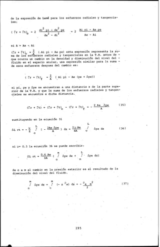 de ~a expresión de Lamé para los esfuerzos radiales y tangencia-
les:
( rr :.¡. ft)o 2
si. A'= Ae -; Ai
di2 pi- de2 pe
·de2 di2
2
Ai pi - Ae pe
Ae - Ai
(fr + ft)0 = ~ (, Ai pi - Ae pe) esta expresión representa la .su-
ma de los esffierzos radiales y tangenciales en la T.R. antes de -
que ocurra un cambio en la densidad y disminución del nivel del -
fluido en el espacio anular, una expresión similar para la suma -
de esos esfuerzos despues del cambio es:
( Ai pi -·Ae (pe+ llpe))
si pi, pe·y llpe se encuentran a una distancia z de la parte supe-
rior de la T.R. y que la suma de los esfuerzos radiales y tangen-
ciales se encuentre a dicha distancia.
(fr + ft)0 - (fr + ft)f
2 Ae ·llpe
A
( 35)
(fr + ft)
sustit.uyendo en la ecuación 31
LIL rt !:!..
E
o
L
f ( _ 2Ae llpe ) dz
A
L
f
o
llpe dz
si )J= O. 3. la .ecuación 36 se puede escribir:
LIL rt
m L
f llpe dz + f
o ·m
llpe dz)'
de o a m el cambio en la presión exterior es el resultado de la
disminución del nivel del fluido.
m
f llpe· dz
o
m
f (- z pe) dz
e
195
pe m2
2
( 36)
( 37)
 