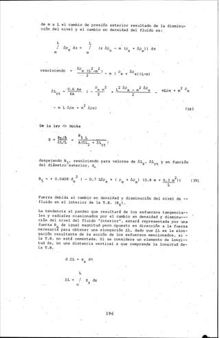 de m a L el cambio de presión exterior resultado de la disminu-
ción del nivel y el cambio en densidad del flui'do es:
resolviendo
·0.6 Ae
EA
m
L
f
( - pe l'2
-2-
- m L 6pe + m2 6pe)
Dé la ley rlé Hooke
(38 ~
despejando B5 , resolviendo para valores de 6Lz' 6Lrt y en función
del diámetro exterior, d~
+ 0.0408 de2 ( - 0.7 L6pe + ( pe+ 6pe) (0.4.m + 0.3 m2))
L
Fuerza debida al cambio en densidad y disminución del nivel de --
fluido en el int~rior de la T.R. (B6 ) •.
La tendencia al pandeo que resultará de los esfuerzos tangencia--
les y radiales ocasionados por el cambio en densidad y disminu---
ción del nivel del fluido "interior", estará representada p'or nna
fuerza B6 de igual magnitud pero.opuesto en dirección a la fuerza
necesaria para obtener una elongación 6L, dado que 6L es la elon-
gación resJJ.l.tante de la acción de los esfuerzos mencionados, si -
la T.R. no es·tá cementada. Si se considera un elemento de longi--
tud dz, en una distancia vertical z que comprende la longit'ud de-
la T.R.
d 6L
L
e dz
z
6L f E dz
o z
196
 