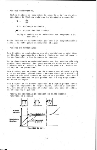 - FLUIDOS NEWTONIANOS.
Dichos fluidos se comportan de acuerdo a la.ley de vis-
cosidades de Newton, dada por la siguient~ expresi6n:
dv
dy
esfuerzo cortante
viscosidad del fluido
dv/dy =.cambio de la velocidad con respecto a la
distancia
Estos fluidos se caracterizan por tener un comportamiento
lineal. (a este grupo corresponde el agua.)
- FLUIDOS NO NEWTONIANOS
Los fluidos no newtonianos son más complejos, a este tipo
de fluidos corresponde el lodo o fluido de control para -
la perforación, y las lechadas de cemento.
Se ha demostrado experimentalmente que los modelos más ade
cuados para predecir las propiedades de flujo de estos
fluidos, son el modelo plástico de Bingham y el modelo de
la ley de las potencias.
Los fluidos que se comportan de acuerdo con el modelo plás
tico de Bingham, p~eden exibir resistencias para fluir (r~
sistencia del gel) cuando se aplica una presión. Los fl.ui:=-
dos con resistencia de gel pueden fluir a muy bajo.gasto
en forma de tapón.
Los fluidos en el modelo plástico de bingham pueden tener
3 tipos de regímenes de flujo: tap6n, laminar y turbulen-
to, con zonas de transiCión entre cada una c9mo se indica
en el· esquema siguiente
PERFIL DE VELOCIDAD DE REGIMEN DE FLUJO MODELO
PLASTICO DE BiNGHAM
Fuerzo
de corte
Rendimiento
Binghom
Flujo Tapón
1
1
1
~Flujo Laminar
1p. Viscosidad plostico
Velocidad de corte
~Flujo Turbulenfo·
35
 