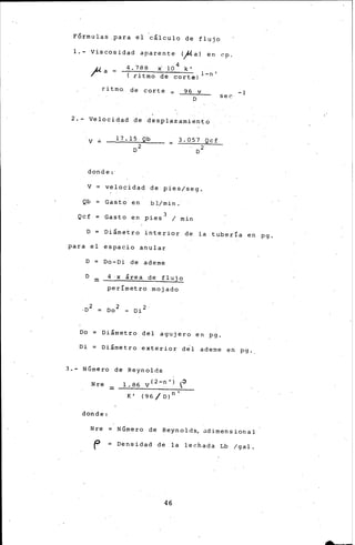 Fórmulas .para el 'cálculo de flujo
1.- ·viscos-idad aparente <)<al en cp.
4.788 x' 10 4 k'
( ritmo de corte) l-n'
)"-a =
ritmQ de corte • 96 v
D
2.- Velocidad de desplazamient6
V =
donde:·
17.15 Qb 3.057 Qcf
D2
V velocidad de pies/seg,
Qb Gasto en bl/min.·
Qcf Gasto en pies 3 1 min
se e
-1
D Diámetro interior de la tubería en pg.
para el espacio anular
D Do-Di de ademe
D
= 4 ·x área de flujo
perímetro .mojado
Do Diámetro del agujero en pg.
Di Diámetro exterior del ademe en pg ..
3.- Número de Reynolds
N.re =
donde:
l. 86 V ( 2 -n ') e
K' (96/D)n'
Nre Número de Reynolds, adimensional
f Densidad de la lechada Lb /gal.
46
 