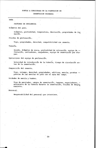 AREA
PUNTOS A CONSIDERAR EN LA PLANEACION DE
CEMENTACION PRIMARIA
FACTORES DE INFLUENCIA
Diámetro del pozo.
Diámetro, profun~dad, temperatura, desviación, propiedades de for
mación.
Fluidos de .perforación.,
Tipo, propieda9es, densidad, compatibilidad con cemento.
Tubería.
Diseño, diámetro de rosca, profundidad de. colocaci;ón, equipo de. --
flotación, centradores, raspadores.• equipo. de cementación por eta-
pas.
Operaci~nes del equipo de perforación.
Velocidad de introducción de la tubería, tiempo de circulación an:-.
tes de la cementación.
Composición del cemento.
Tipo, volumen,. densidad, propiedades, aditivos, nezcla, pruebas
previas de las mezclas en ·pozo con el agua del campo.
Unidades de mezcla y bombeo.
Tipo de mezclador, cabeza de cementación, tapones, espaciadores, -
movimiento de la tubería qurante la cementación, fluidos de despl~
zamiento.
Personal.
Responsabilidad del personal que interviene.
59
 