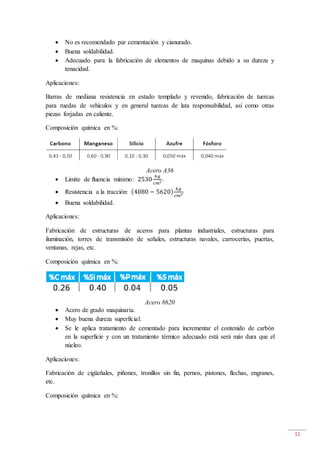 11
 No es recomendado par cementación y cianurado.
 Buena soldabilidad.
 Adecuado para la fabricación de elementos de maquinas debido a su dureza y
tenacidad.
Aplicaciones:
Barras de mediana resistencia en estado templado y revenido, fabricación de tuercas
para ruedas de vehículos y en general tuercas de lata responsabilidad, así como otras
piezas forjadas en caliente.
Composición química en %:
Acero A36
 Limite de fluencia mínimo: 2530
𝑘𝑔
𝑐𝑚2 .
 Resistencia a la tracción: (4080 − 5620)
𝑘𝑔
𝑐𝑚2.
 Buena soldabilidad.
Aplicaciones:
Fabricación de estructuras de aceros para plantas industriales, estructuras para
iluminación, torres de transmisión de señales, estructuras navales, carrocerías, puertas,
ventanas, rejas, etc.
Composición química en %:
Acero 8620
 Acero de grado maquinaria.
 Muy buena dureza superficial.
 Se le aplica tratamiento de cementado para incrementar el contenido de carbón
en la superficie y con un tratamiento térmico adecuado está será más dura que el
núcleo.
Aplicaciones:
Fabricación de cigüeñales, piñones, tronillos sin fin, pernos, pistones, flechas, engranes,
etc.
Composición química en %:
 