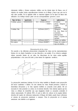 18
claramente visibles y formar contrastes visibles con los demás tipos de líneas, con el
objetivo de resaltar ciertas especificaciones técnicas en el dibujo y hacer que este sea lo
más claro posible. En la siguiente tabla se muestran algunos de los tipos de líneas más
utilizados en el dibujo técnico junto con sus correspondientes grosores y usos:
Tipo de línea Apariencia Espesor Aplicaciones
Continua gruesa 0.4 − 0.5𝑚𝑚 (0.016”
− 0.02”)
Contorno de
piezas, márgenes y
cuadro de
referencia.
Continua fina 0.25𝑚𝑚 (0.01”) Márgenes, líneas
de cota, líneas de
extensión,
interrupciones
largas y rayados de
sección.
De trazos cortos 0.25𝑚𝑚 (0.01”) Aristas no visibles.
De centros 0.2𝑚𝑚 (0.008”) Líneas de centros y
ejes de simetría.
Denominación de las vistas
De acuerdo a las diferentes proyecciones ortogonales las vistas son las representaciones
básicas de un objeto basándose en una dirección y un sentido. Si se observa cualquier
objeto encerado dentro de un cubo, las direcciones de las vistas serian aquellas
perpendiculares a las caras del cubo y estas tienen los siguientes nombres:
La proyección americana (sistema A) de las vistas también es llamada como proyección
del tercer cuadrante o diedro. En este sistema las vistas frontal posterior y lateral se
denominan elevaciones y la vista superior también es conocida como planta. De ser
necesaria la vista posterior se coloca en el estremo derecho. Este sistema supone que las
vistas se obtinen de desdoblar una caja imaginaria donde se encuentra contenido el
objeto representado. El simbolo ISO, el cual se debe de colocar en la esquina inferior
derecha del cuadro de referencia (adyacente al bloque del título); puede hacer referencia
al sistema de proyeccion americano o europeo. Para la proyección en el sistema
americano este simbolo es el siguiente:
Denominación Vista
A Frontal
B Superior
C Lateral Derecha
D Posterior
E Inferior
F Lateral Izquierda
 