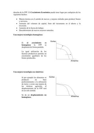 derecha de la FPP. El Crecimiento Económico puede tener lugar por cualquiera de los
siguientes hechos:
• Mejora técnica en el sentido de nuevos y mejores métodos para producir bienes
y servicios.
• Aumento del volumen de capital, fruto del incremento en el ahorro y la
inversión.
• Aumento de la fuerza de trabajo.
• Descubrimiento de nuevos recursos naturales.
Una mejora tecnológica homogénea:
Una mejora tecnológica no simétrica:
Si el crecimiento es
homogéneo la FPP se
desplazará de forma paralela.
La igual utilización de los
factores productivos permite un
crecimiento igualitario de los
bienes producidos.
Si por ejemplo los alimentos se
producen en base
preferentemente a la utilización
de tierra y existe una mejora de
las técnicas agrícolas, el
desplazamiento de la FPP será
en un solo sentido.
Se da un desplazamiento no
homogéneo.
 