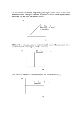 c)El consumidor considera Q1 perjudicial, por ejemplo, basura, y sólo se manifestará
indiferente cuando un mayor “consumo” de este mal se asocie con un mayor consumo
del bien Q2, que puede ser, por ejemplo, comida.
d)El bien Q1 se considera neutral (o totalmente inútil) por un individuo cuando éste se
muestra indiferente ante cualquier cantidad consumida.
e)Las curvas de indiferencia serían horizontales si el bien neutral fuese Q2.
 