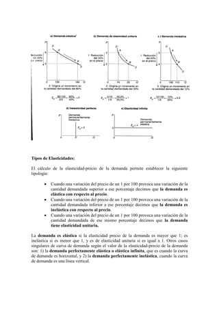 Tipos de Elasticidades:
El cálculo de la elasticidad-precio de la demanda permite establecer la siguiente
tipología:
• Cuando una variación del precio de un 1 por 100 provoca una variación de la
cantidad demandada superior a ese porcentaje decimos que la demanda es
elástica con respecto al precio.
• Cuando una variación del precio de un 1 por 100 provoca una variación de la
cantidad demandada inferior a ese porcentaje decimos que la demanda es
inelástica con respecto al precio.
• Cuando una variación del precio de un 1 por 100 provoca una variación de la
cantidad demandada de ese mismo porcentaje decimos que la demanda
tiene elasticidad unitaria.
La demanda es elástica si la elasticidad precio de la demanda es mayor que 1; es
inelástica si es menor que 1, y es de elasticidad unitaria si es igual a 1. Otros casos
singulares de curva de demanda según el valor de la elasticidad-precio de la demanda
son: 1) la demanda perfectamente elástica o elástica infinita, que es cuando la curva
de demanda es horizontal, y 2) la demanda perfectamente inelástica, cuando la curva
de demanda es una línea vertical.
 