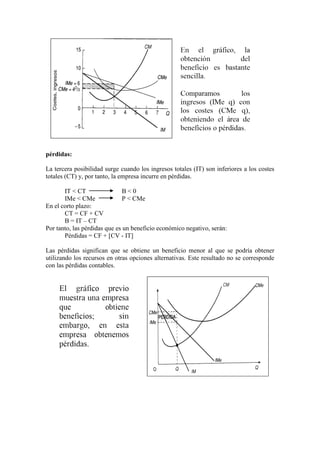 pérdidas:
La tercera posibilidad surge cuando los ingresos totales (IT) son inferiores a los costes
totales (CT) y, por tanto, la empresa incurre en pérdidas.
IT < CT B < 0
IMe < CMe P < CMe
En el corto plazo:
CT = CF + CV
B = IT – CT
Por tanto, las pérdidas que es un beneficio económico negativo, serán:
Pérdidas = CF + [CV - IT]
Las pérdidas significan que se obtiene un beneficio menor al que se podría obtener
utilizando los recursos en otras opciones alternativas. Este resultado no se corresponde
con las pérdidas contables.
 