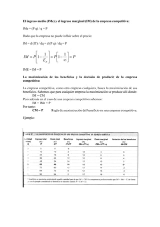 El ingreso medio (IMe) y el ingreso marginal (IM) de la empresa competitiva:
IMe = (P q) / q = P
Dado que la empresa no puede influir sobre el precio:
IM = d (IT) / dq = d (P q) / dq = P
IME = IM = P
La maximización de los beneficios y la decisión de producir de la empresa
competitiva:
La empresa competitiva, como otra empresa cualquiera, busca la maximización de sus
beneficios. Sabemos que para cualquier empresa la maximización se produce allí donde:
IM = CM
Pero además en el caso de una empresa competitiva sabemos:
IM = IMe = P
Por tanto:
CM = P Regla de maximización del beneficio en una empresa competitiva.
Ejemplo:
PP
E
PIM
p
=





∞
−=








−=
1
1
1
1
 